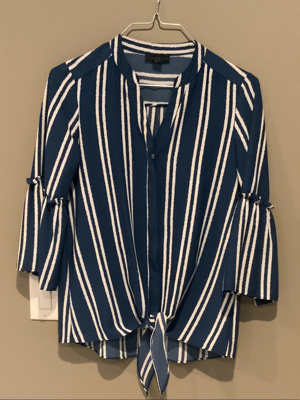 Alfani Navy & White Striped Tie-Front Blouse